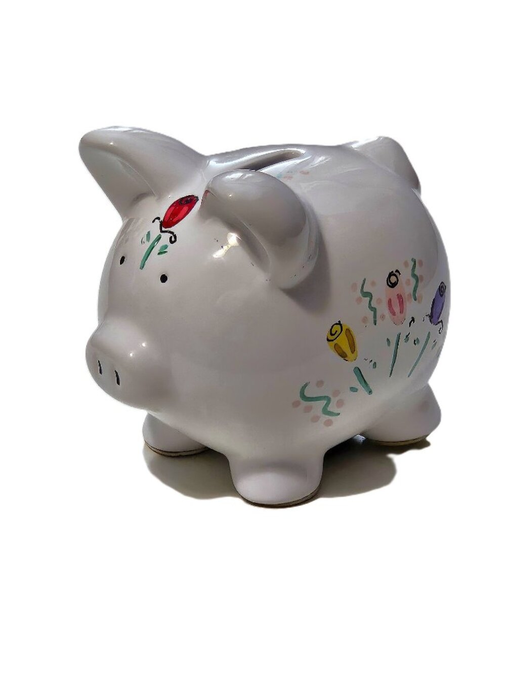 Vintage White Hand-Painted Floral Piggy Bank